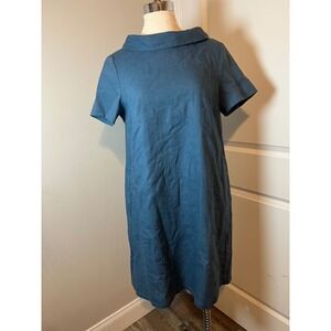 Le Muse Blue Linen Blend Short Sleeve Wide Collar Shift Dress Size L